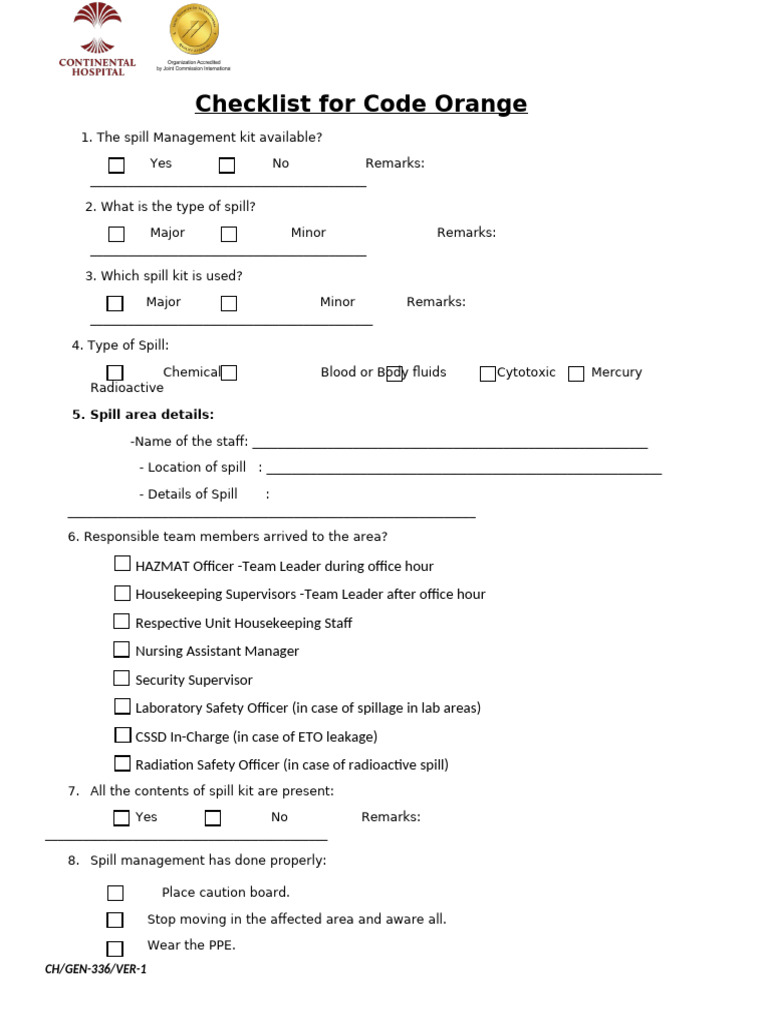 Spill Code Orange CHECKLIST (Final) - VER-1 | PDF
