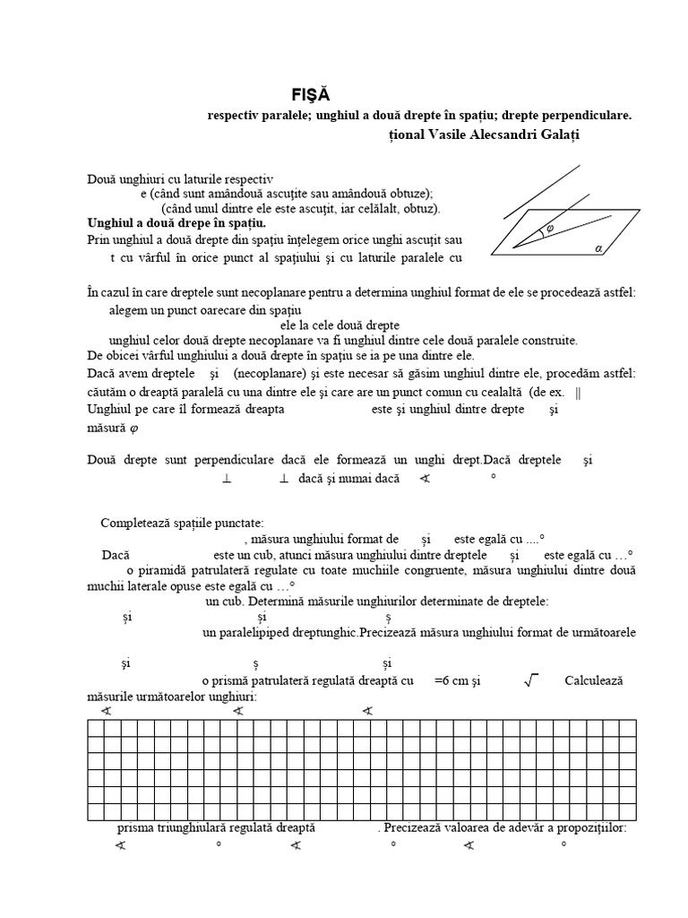 Fisa de Lucru Unghiul A Doua Drepte | PDF