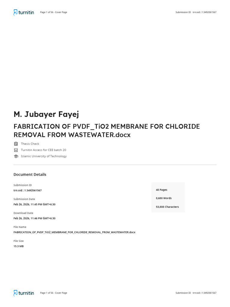 FABRICATION OF PVDF - TiO2 MEMBRANE FOR CHLORIDE REMOVAL FROM ...