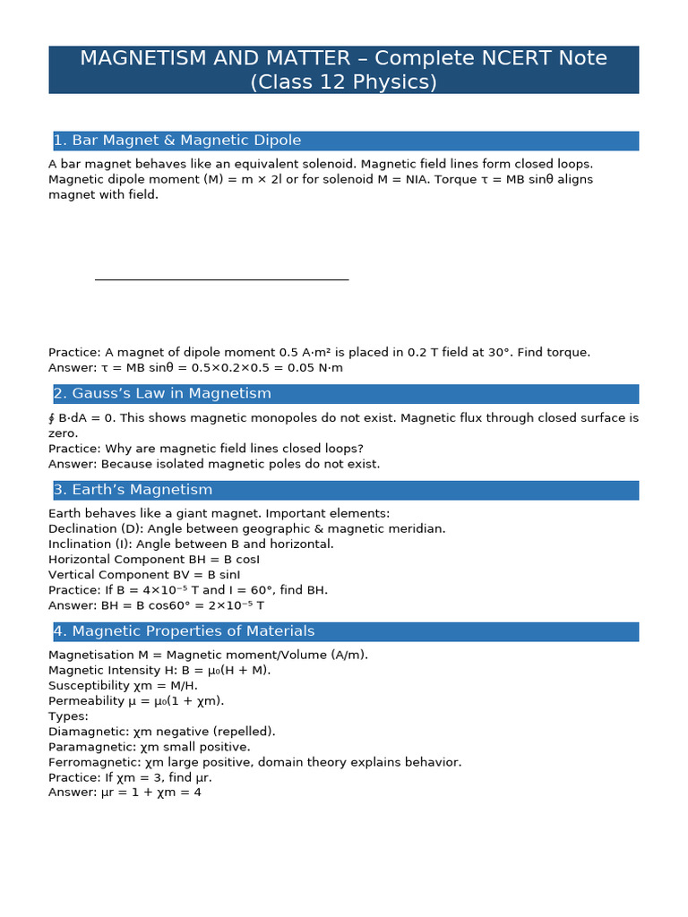 Magnetism and Matter Professional Notes A4 | PDF