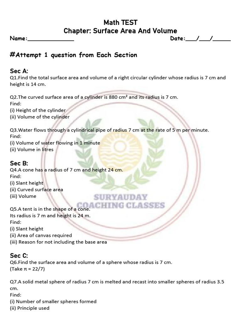 Math TEST Surface Area and Volume NEW | PDF