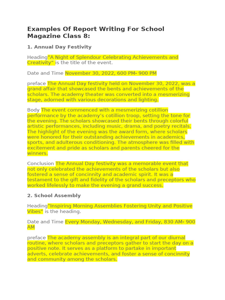 Examples of Report Writing for School Magazine Class 8 | PDF | Public ...