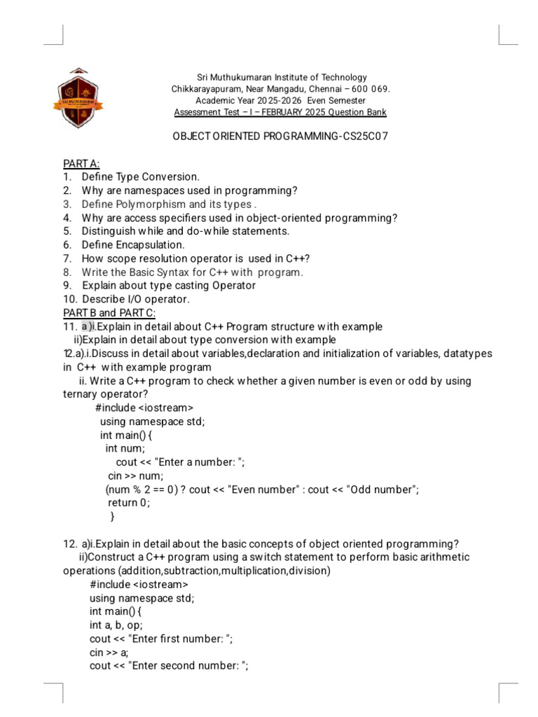 Cs25c07 - Oops Important Questions Bank | PDF | C++ | Namespace