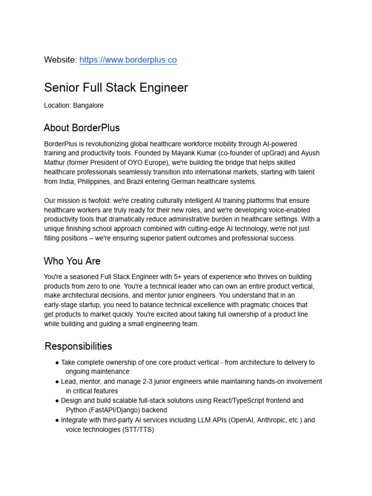 BorderPlus Full Stack Engineer - 5+ Yrs Experience | PDF | Cloud ...