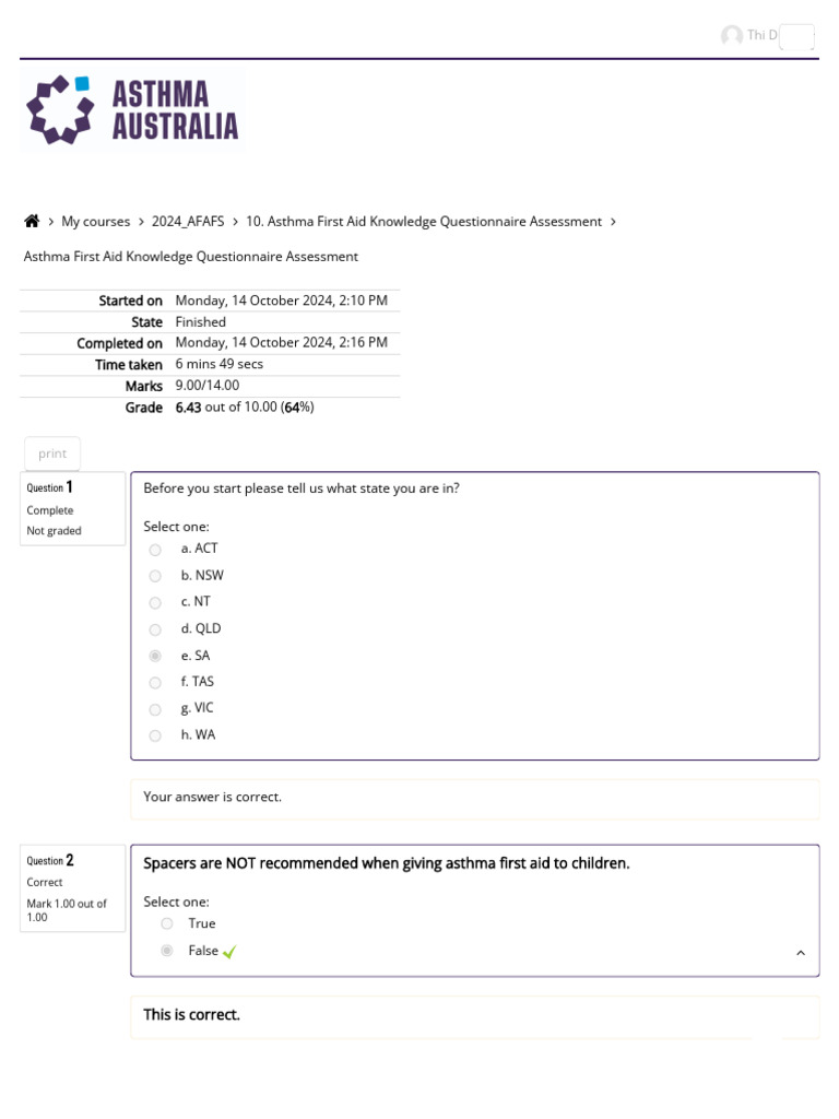 Asthma First Aid Knowledge Questionnaire Assessment | PDF | Asthma ...
