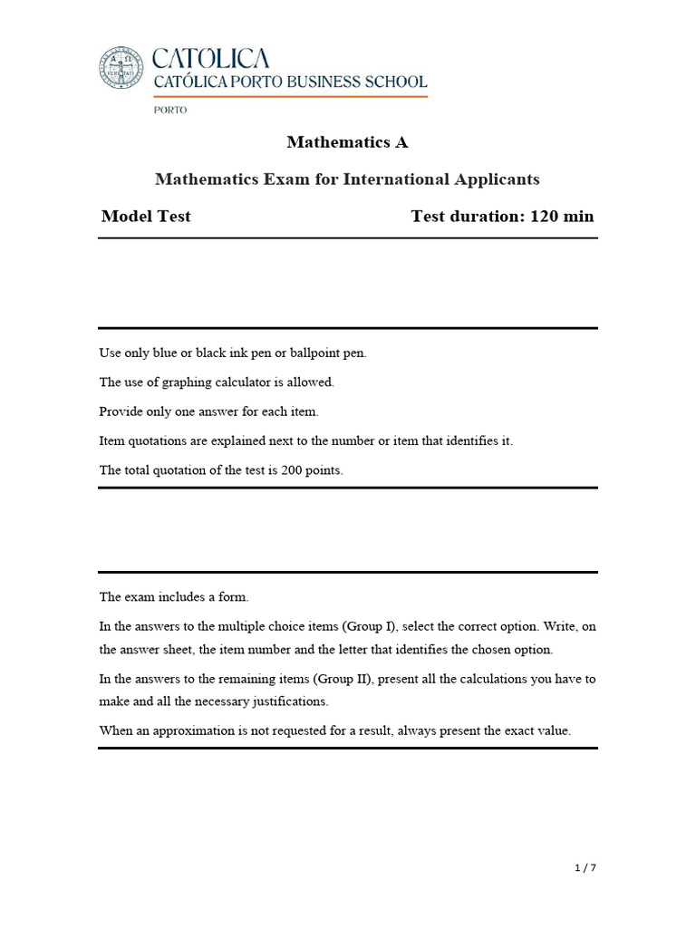 Model Test of Mathematics Exam For International Applicants - EN | PDF ...