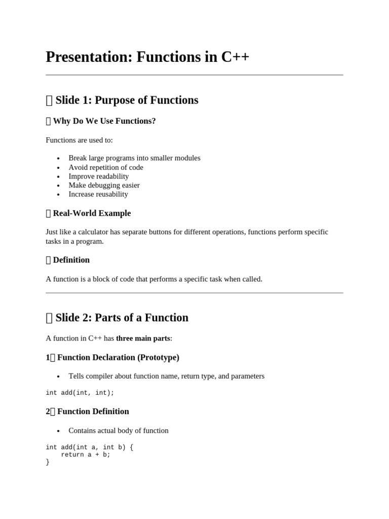 Presentation: Functions in C++: Slide 1: Purpose of Functions | PDF