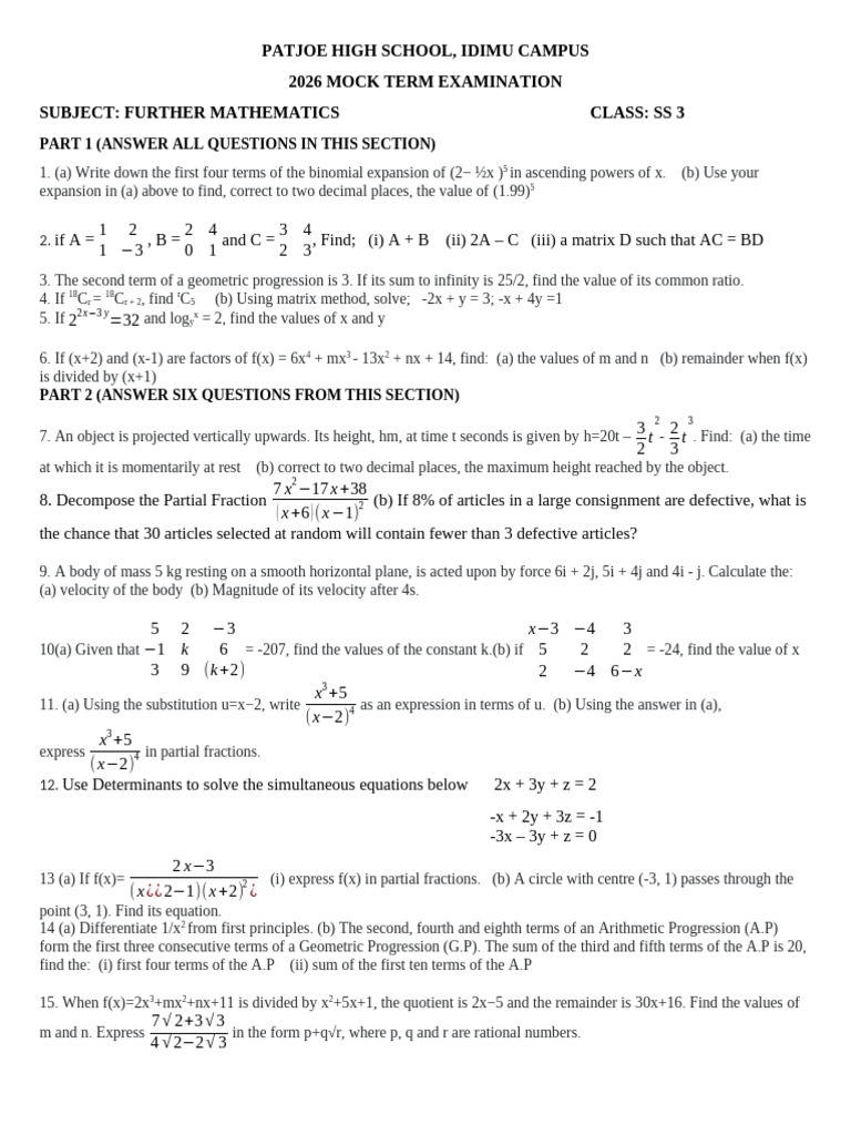 Further Maths Theory Mock 2026 | PDF | Velocity | Mathematical Objects