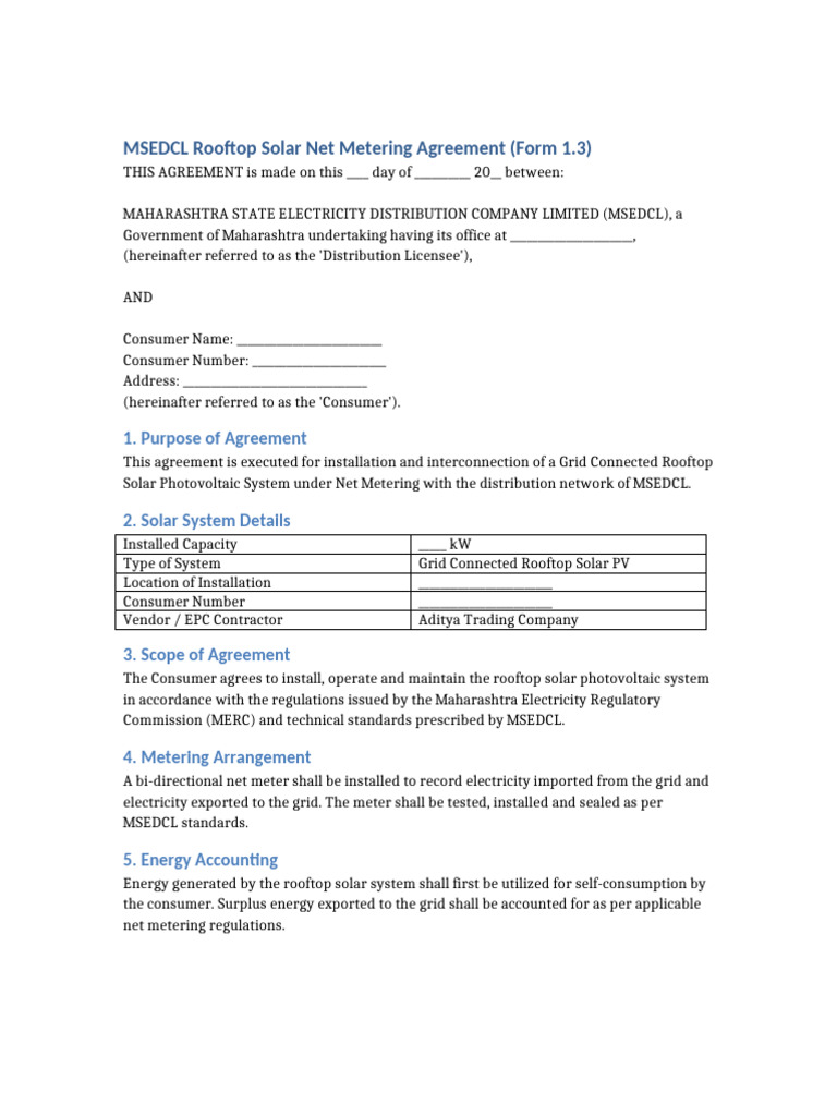 MSEDCL Form 1 3 Net Metering Agreement Template | PDF | Photovoltaic ...