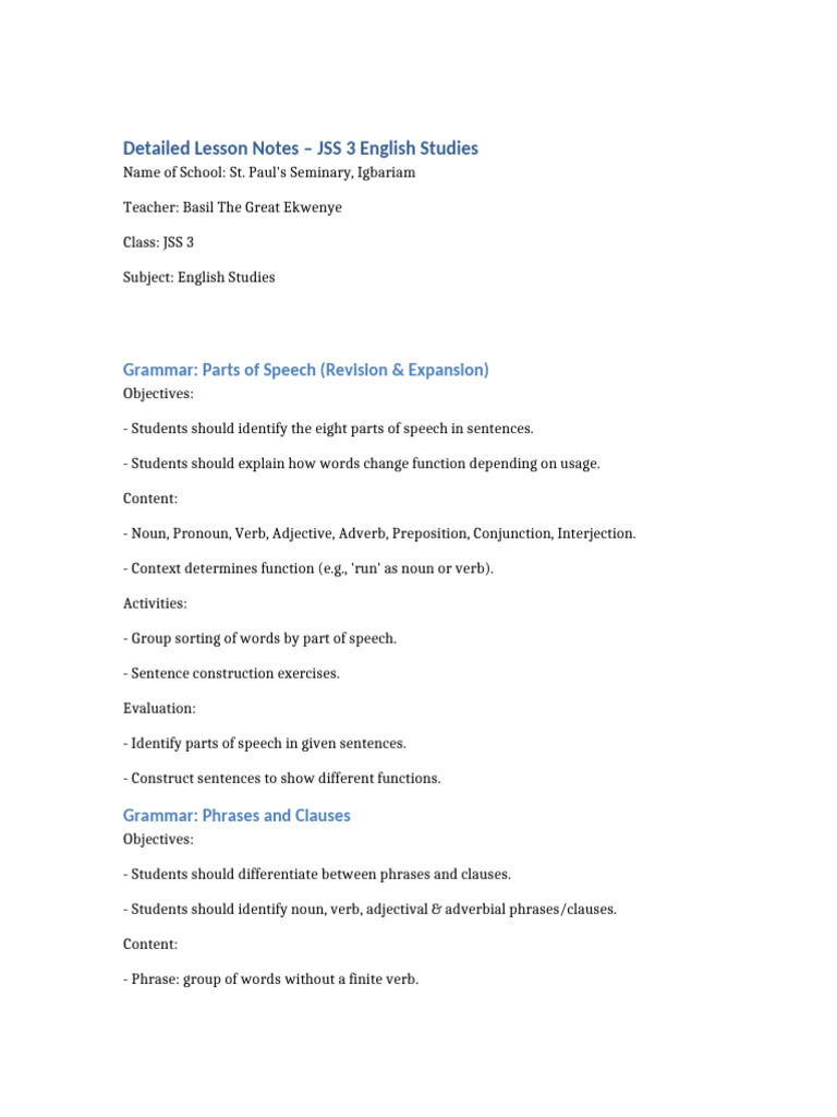 JSS3 Detailed Lesson Notes English | PDF