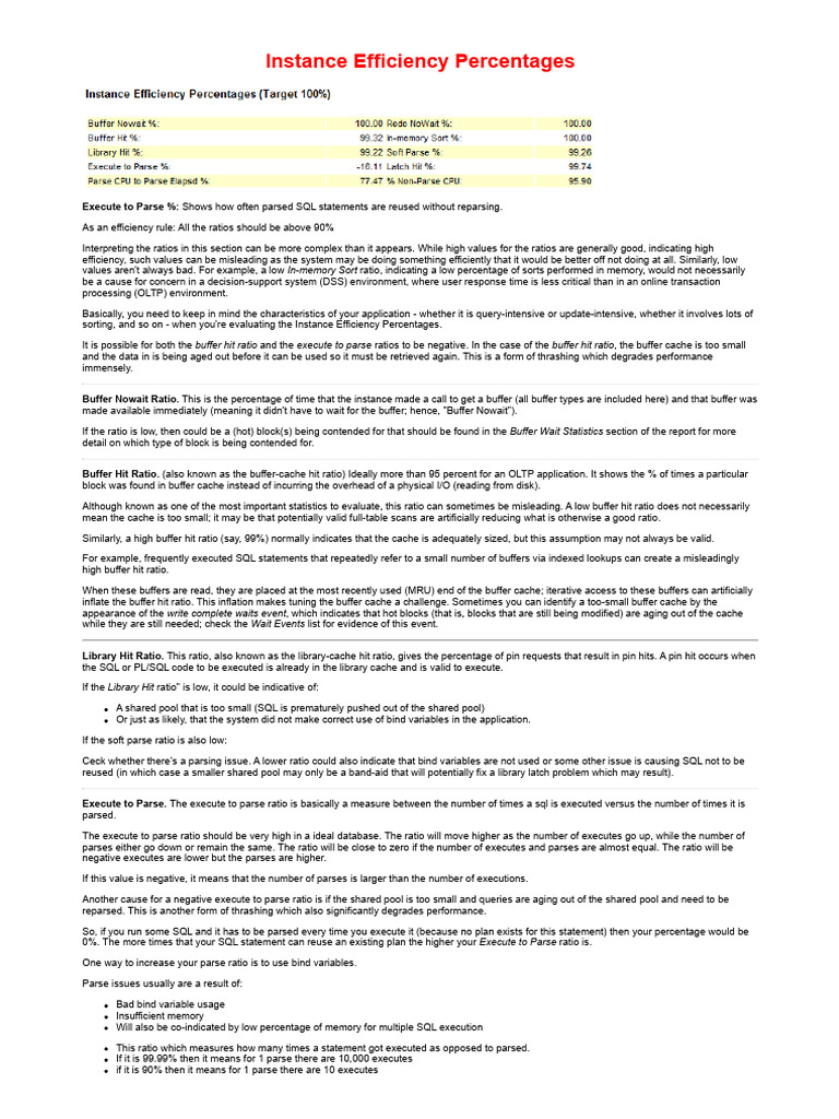 AWR Analysis - Instance Efficiency Percentages | PDF | Cache (Computing ...