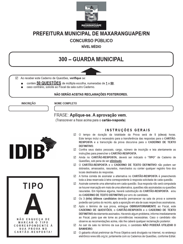 Idib 2026 Prefeitura de Maxaranguape RN Guarda Municipal Prova | PDF ...