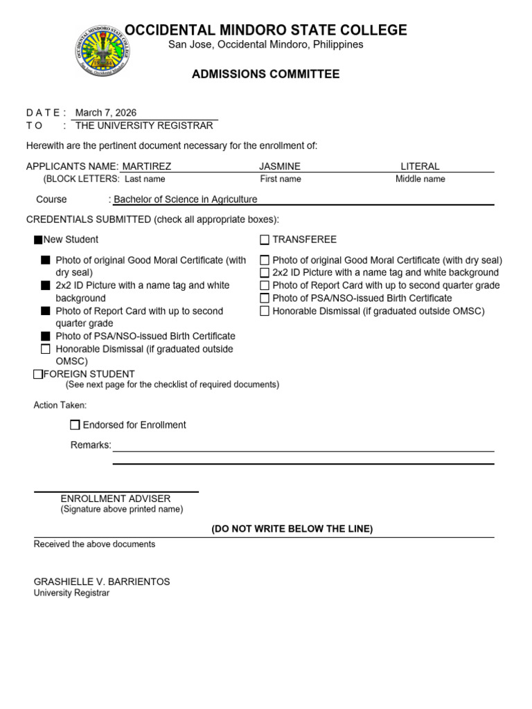 Occidental Mindoro State College: Admissions Committee | PDF