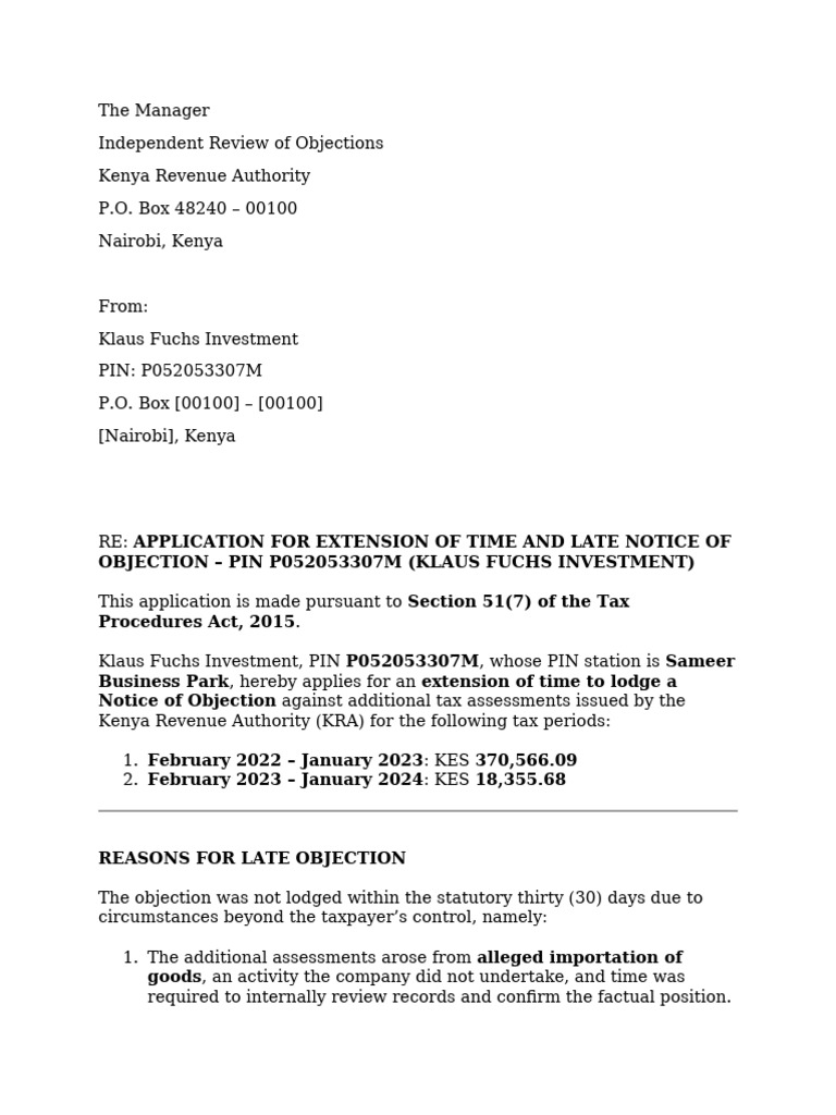 p052053307m Klaus Fuchs Investment Notice of Objection and Extension of ...