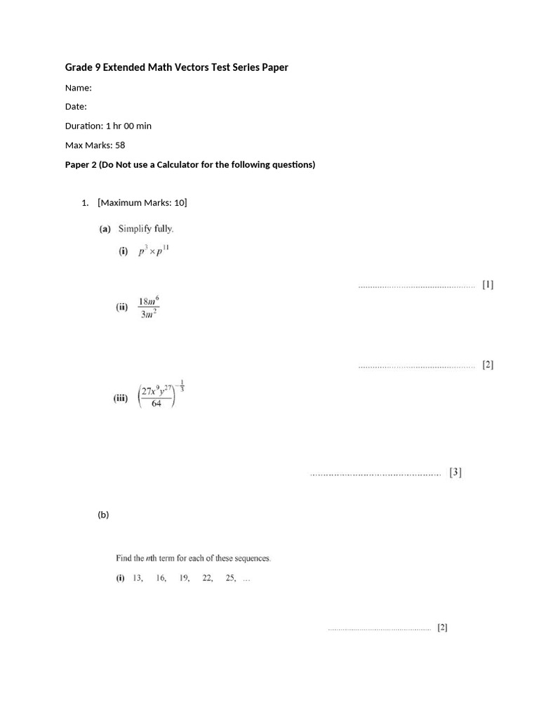 Grade 9 Extended Math Vectors Test Paper | PDF