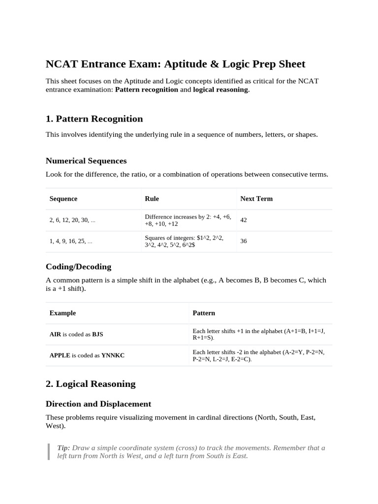 NCAT Entrance Exam Aptitude & Logic Prep Sheet | PDF | Mathematics | Logic