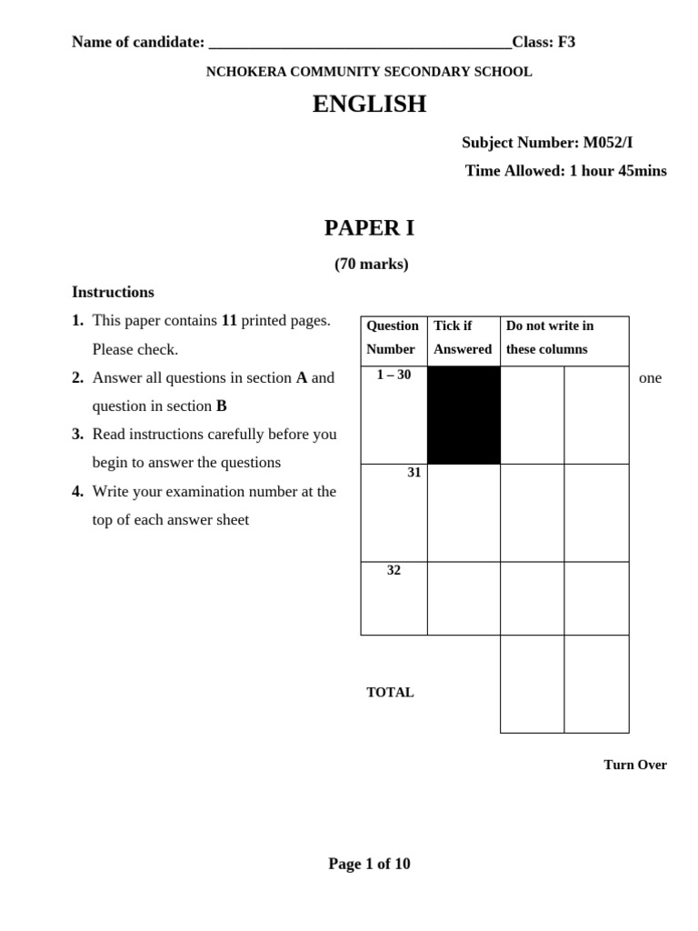 English f3 Paper I | PDF | Adverb | Adjective