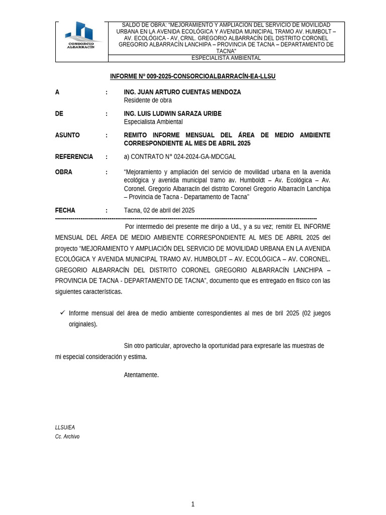 Informe 009 2025 Consorcioalbarracín Ea Llsu | PDF