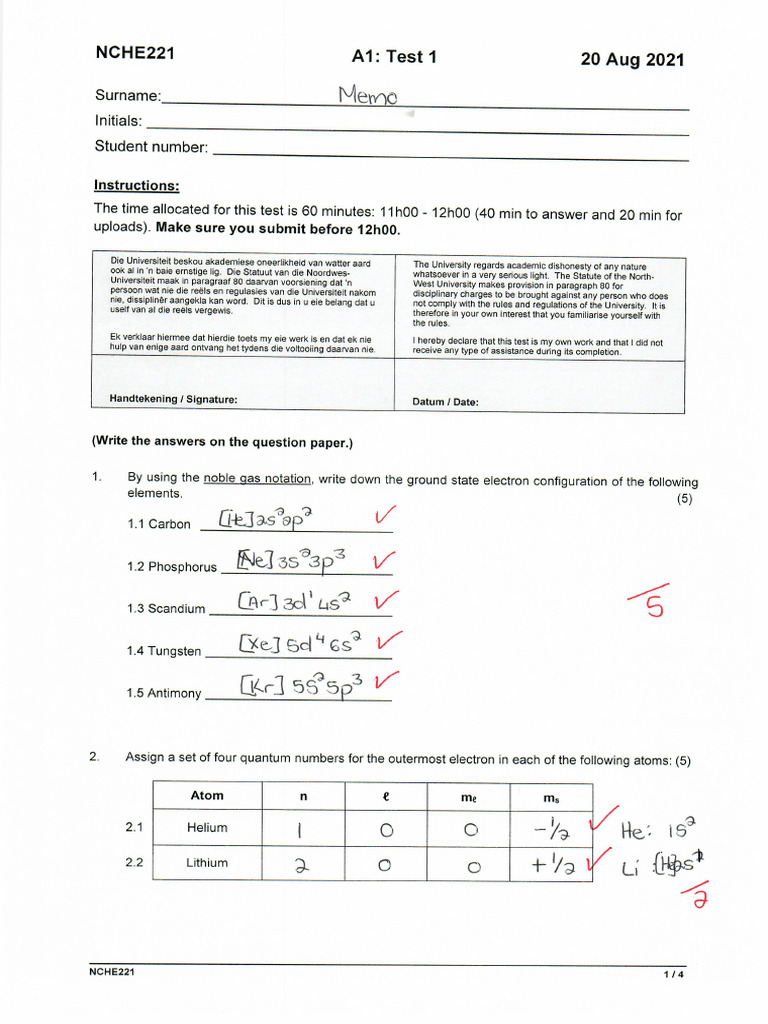 NCHE221 - A1 - Test 1 - 20210820 - Memo | PDF