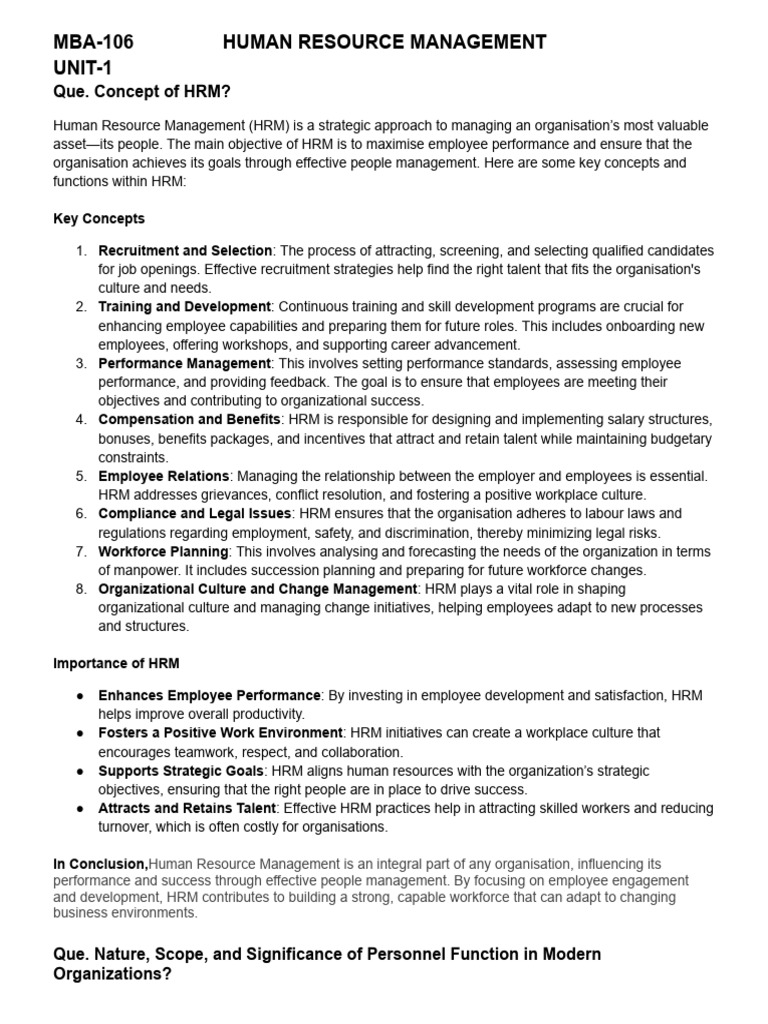 HRM Unit 1 & 2 Notes | PDF | Human Resource Management | Human Resources