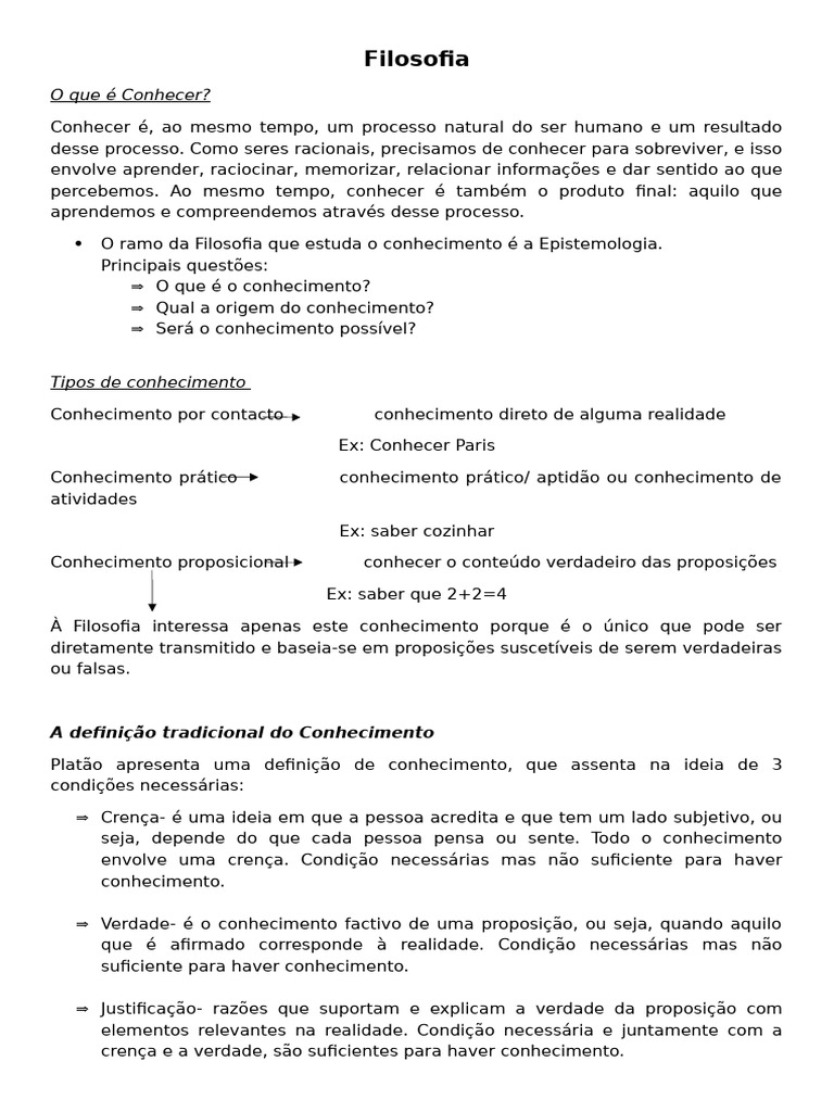 Filosofia - o Conhecimento | PDF | Conhecimento | Ceticismo