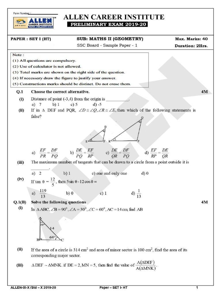 Geometry SSC Board 10th Class Paper | PDF