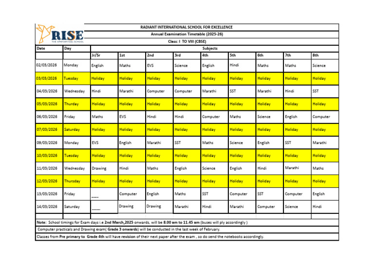 Annual Exam Time Table 2025-26 | PDF