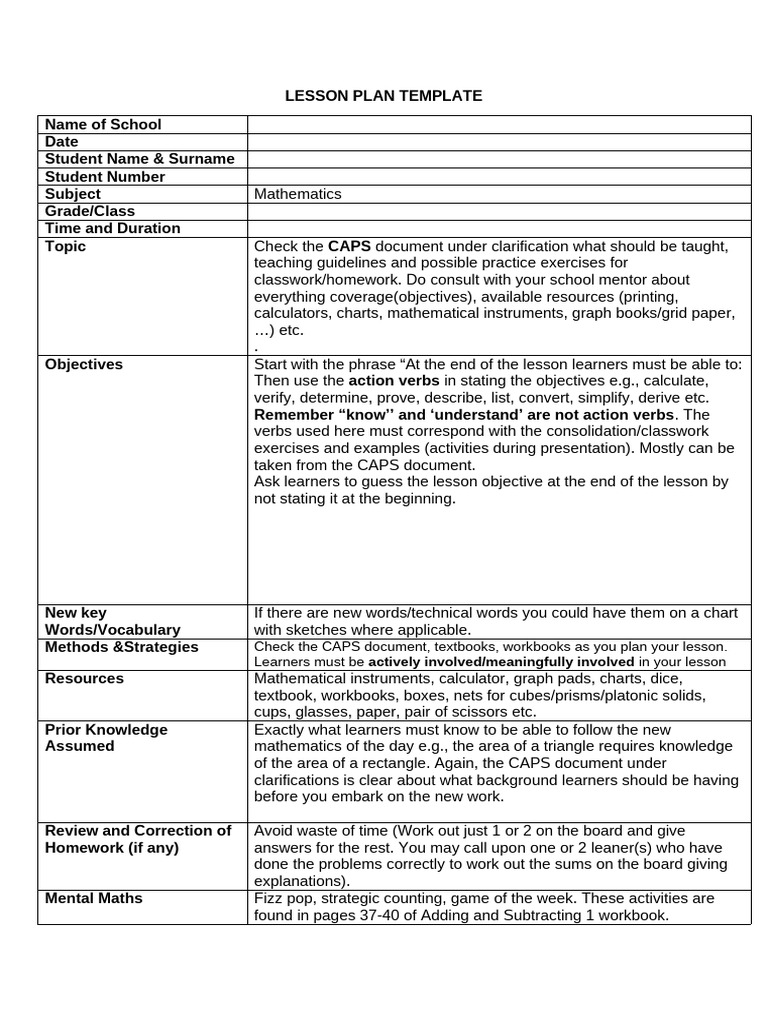 Mathematics Lesson Plan Template 2025with Clarification | PDF ...