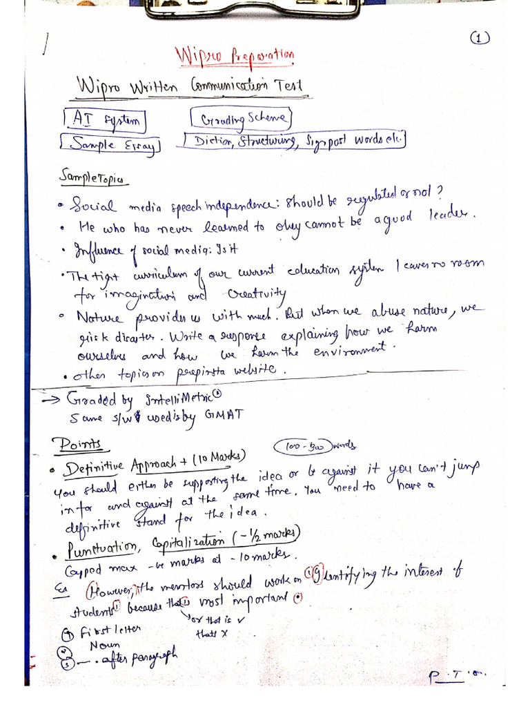 Wipro Essay Writing Handwritten Notes | PDF