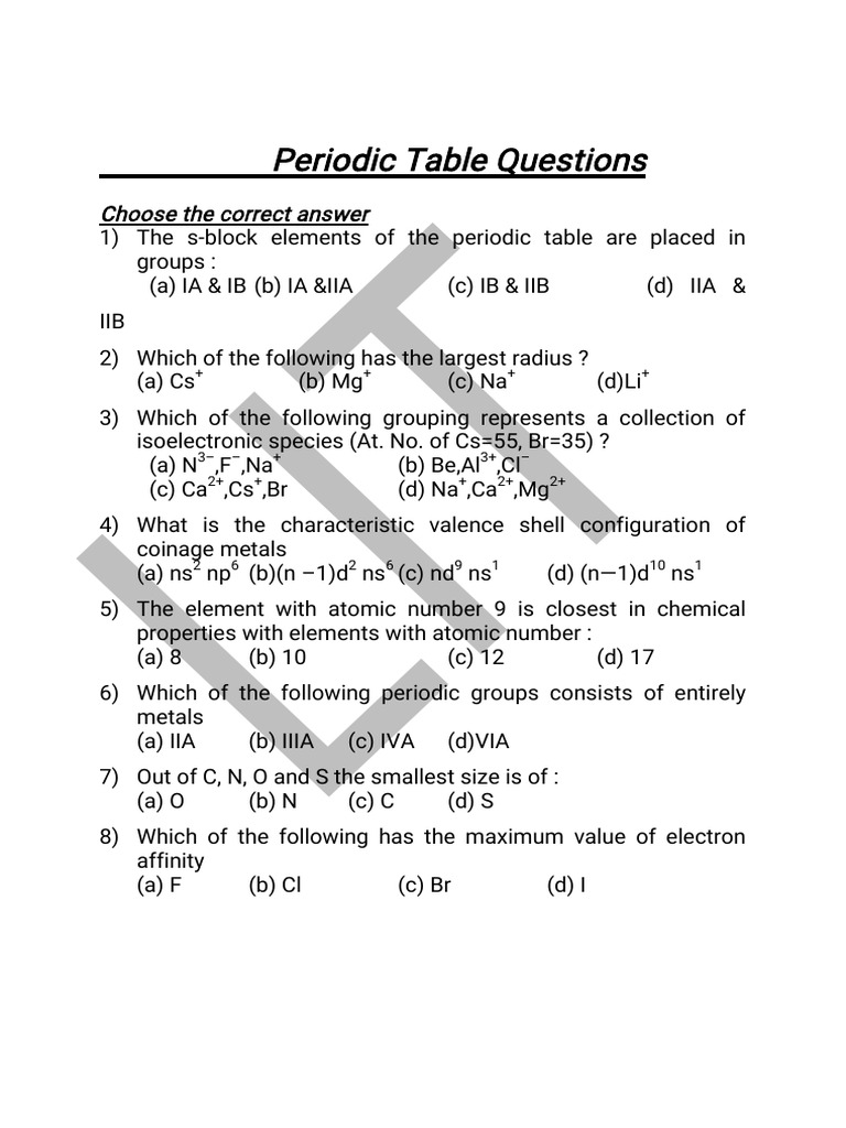 Periodic Table Questions Material.. | PDF | Periodic Table | Chemical ...