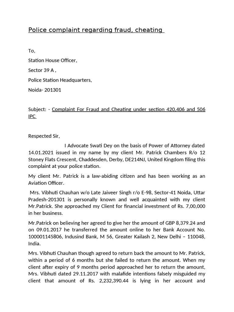 English-Police Complaint Regarding Fraud, Cheating | PDF