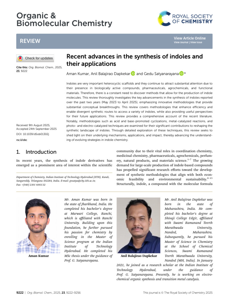 Recent Advances in The Synthesis of Indoles and Their Applications0 ...