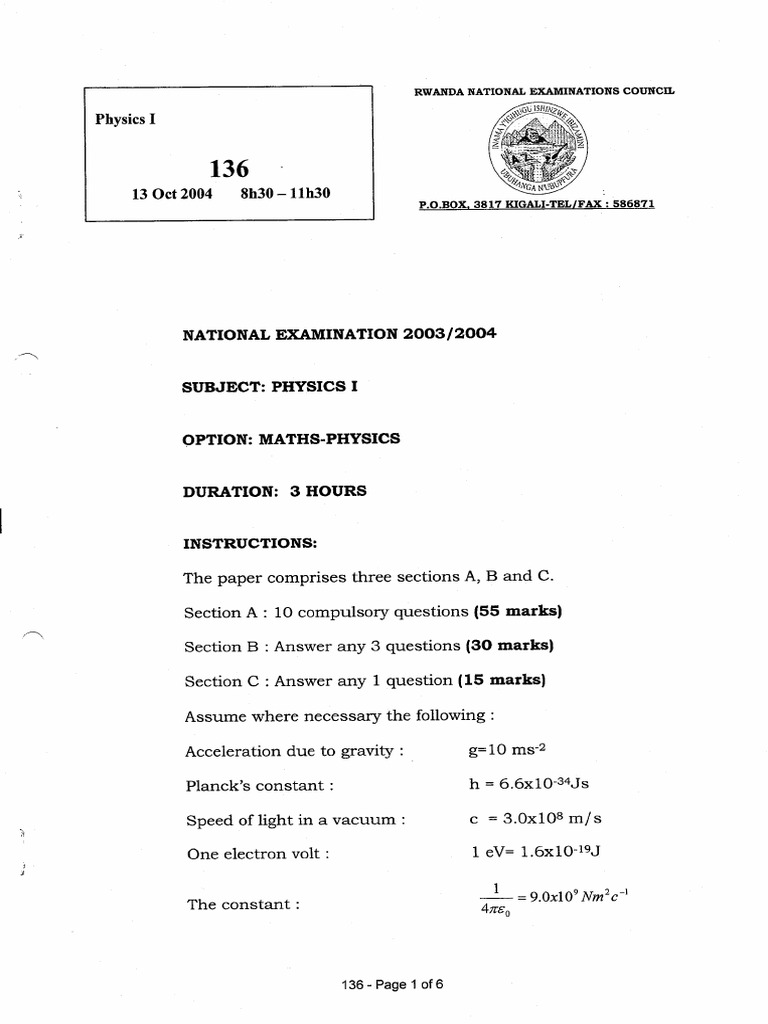 2004 Physics II Past Paper | PDF