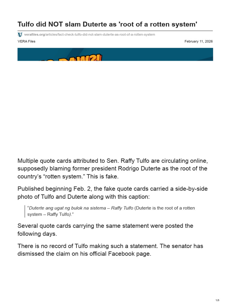 Verafiles.org-Tulfo Did NOT Slam Duterte as Root of a Rotten System (1 ...