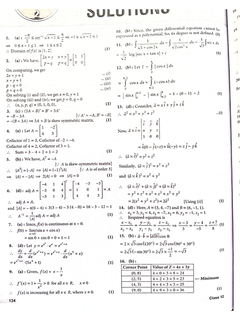 Class 12 Maths Sample Paper Key 2 | PDF