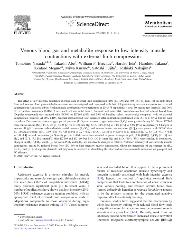 Yasuda2010 Venous Blood Gas and Metabolite Response To Low Intensity ...