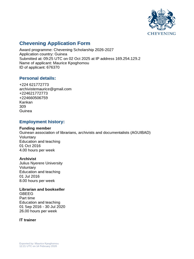 Chevening Application - 676370 | PDF | Archivist | Archive