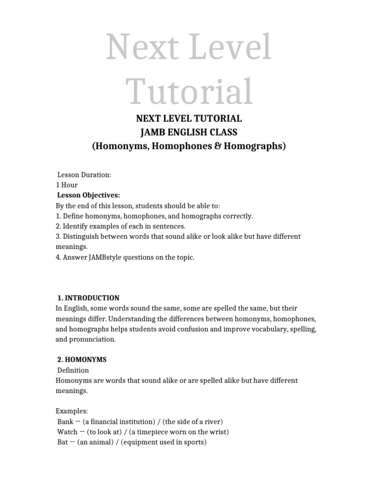 Homonyms Homophones Homographs Next Level Tutorial | PDF | Lexicology ...