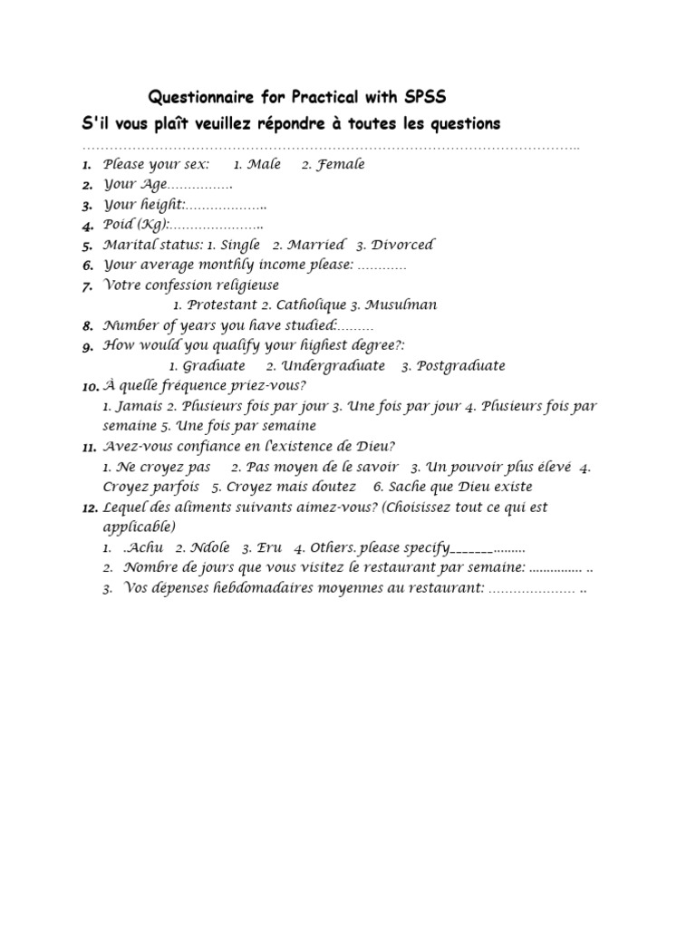 Questionnaire For Practical With SPSS | PDF