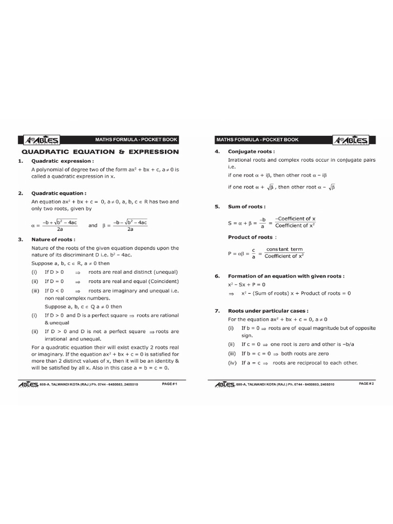 Imgi 2 Maths Formulae Booklet Iit Jee 1 2048 | PDF