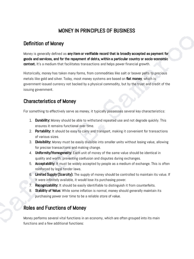Money in Principles of Business | PDF | Money | Medium Of Exchange