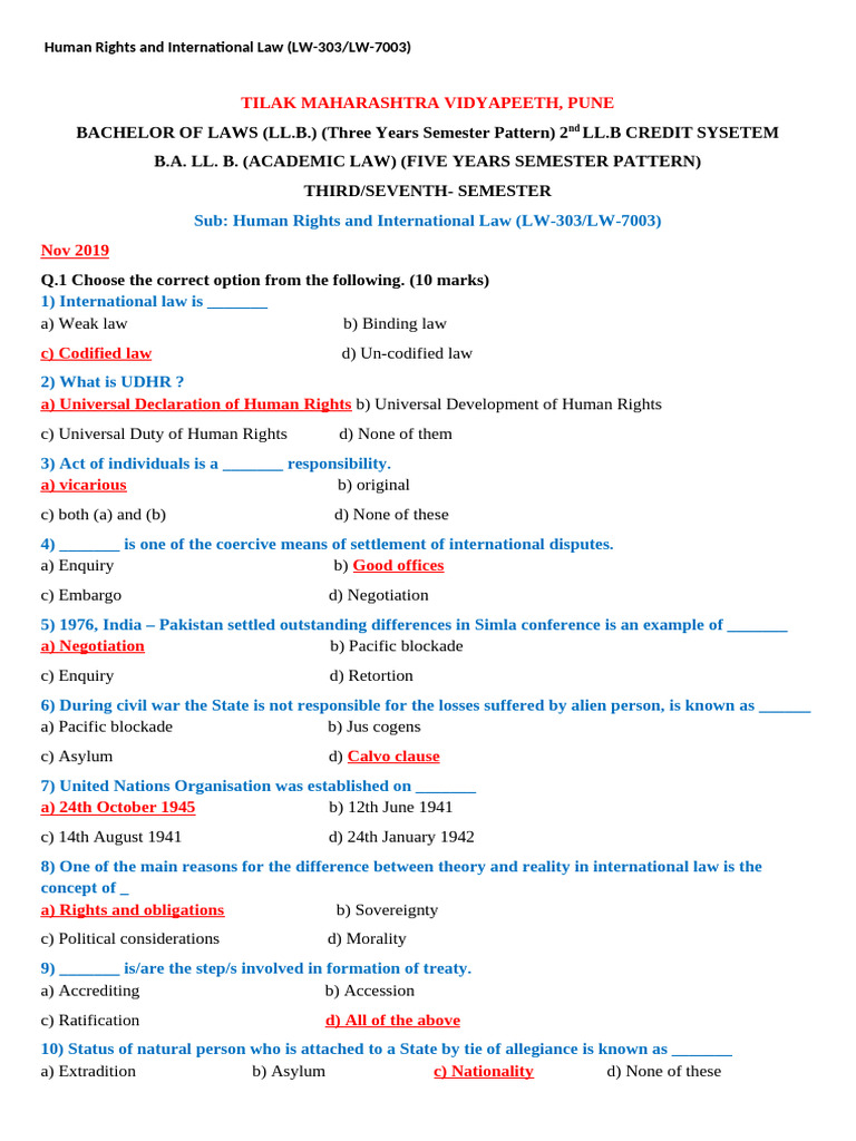 HR & IL Que 1 MCQ With Ans | PDF | International Law | Human Rights