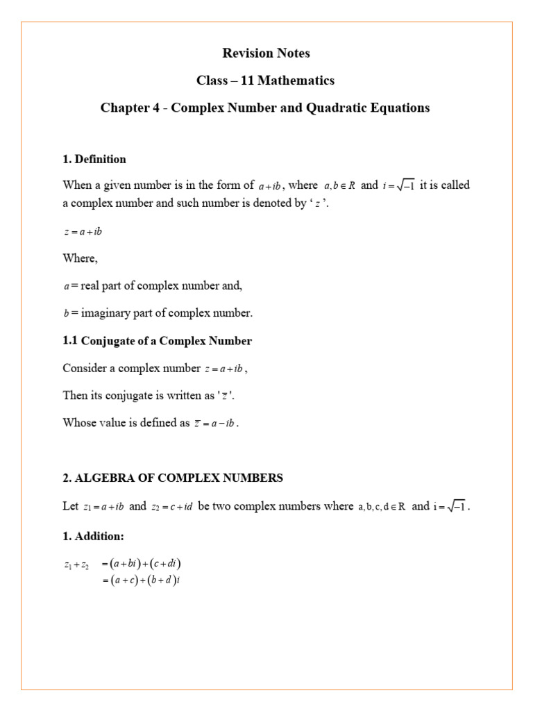Complex Numbers and Quadratic Equations Class 11 Notes CBSE Maths ...