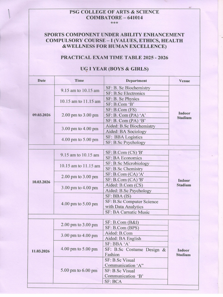 Sports-Practical Exam Time Table | PDF