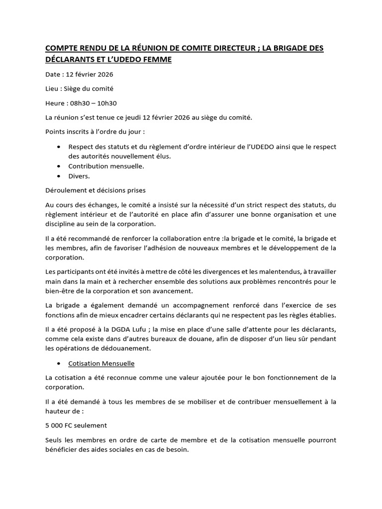 Compte Rendu de La Réunion de Comite Directeur 12 Fevrier | PDF