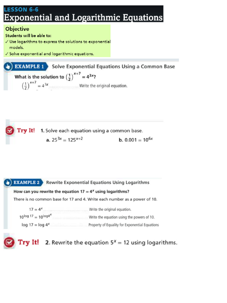 6-6 Solving Exponential and Logarithmic Equations 2 | PDF