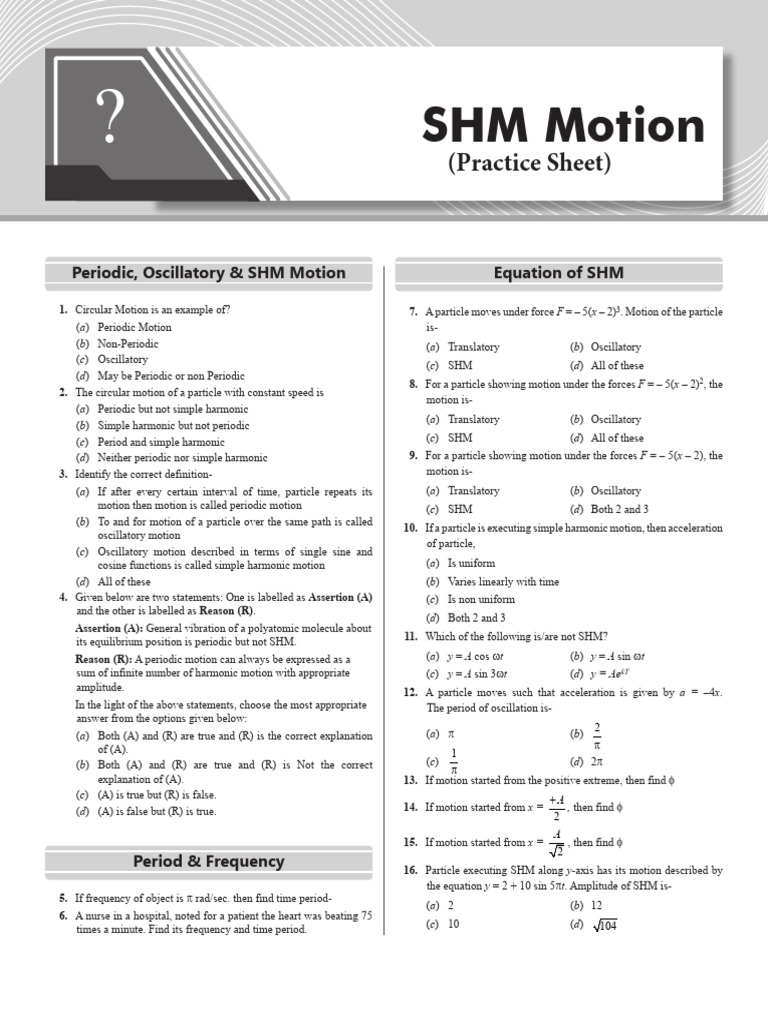 SHM Motion - Practice Sheet | PDF | Oscillation | Acceleration