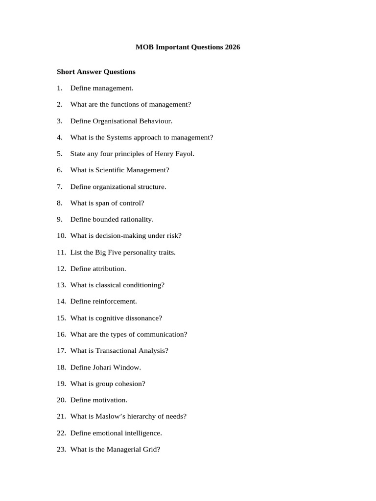 MOB Important Questions 2026 | PDF | Organizational Behavior | Leadership