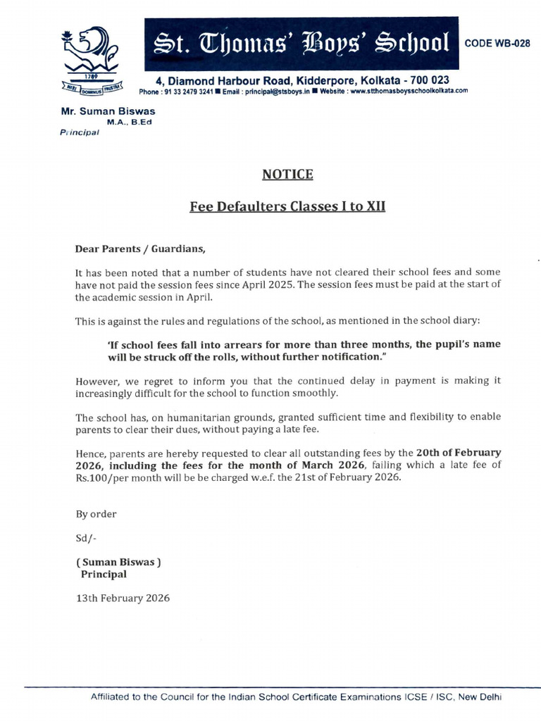 Notice Dated 13-2-2026 Classes I to XII | PDF