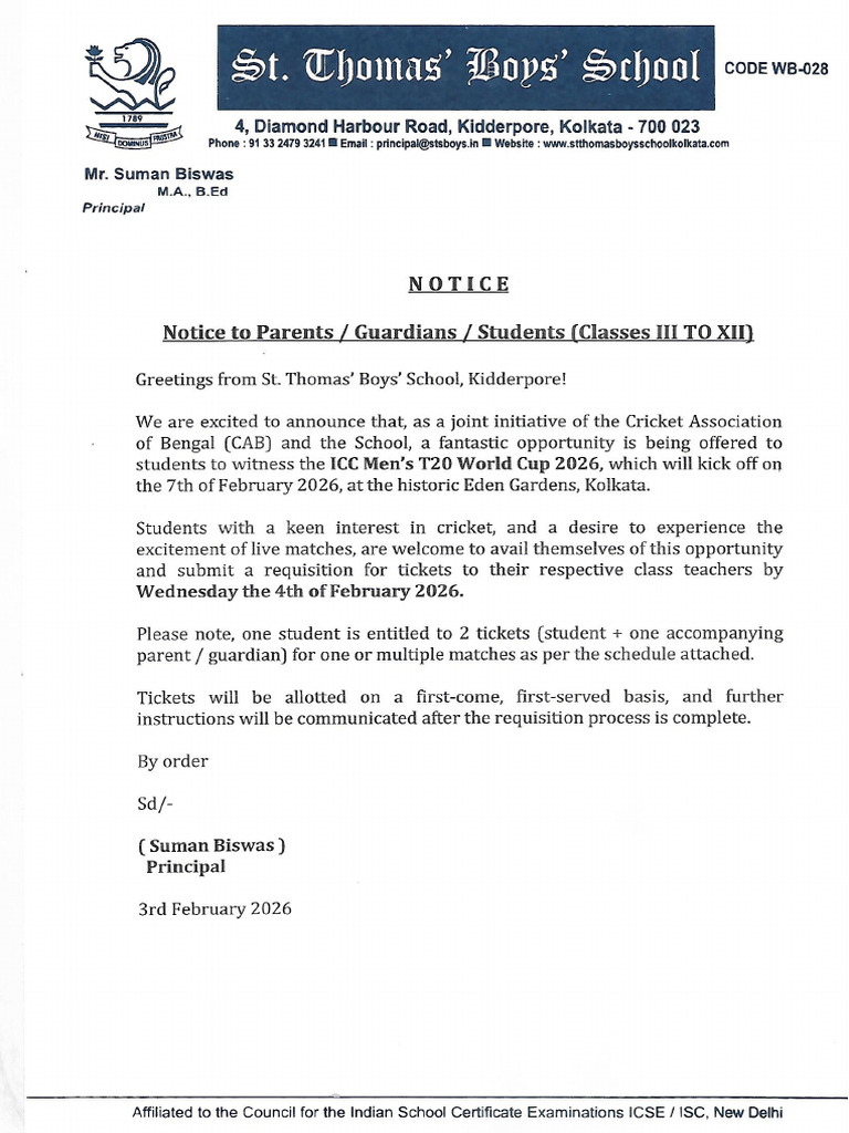 Notice Dated 3.2.26 Classes III to XII | PDF